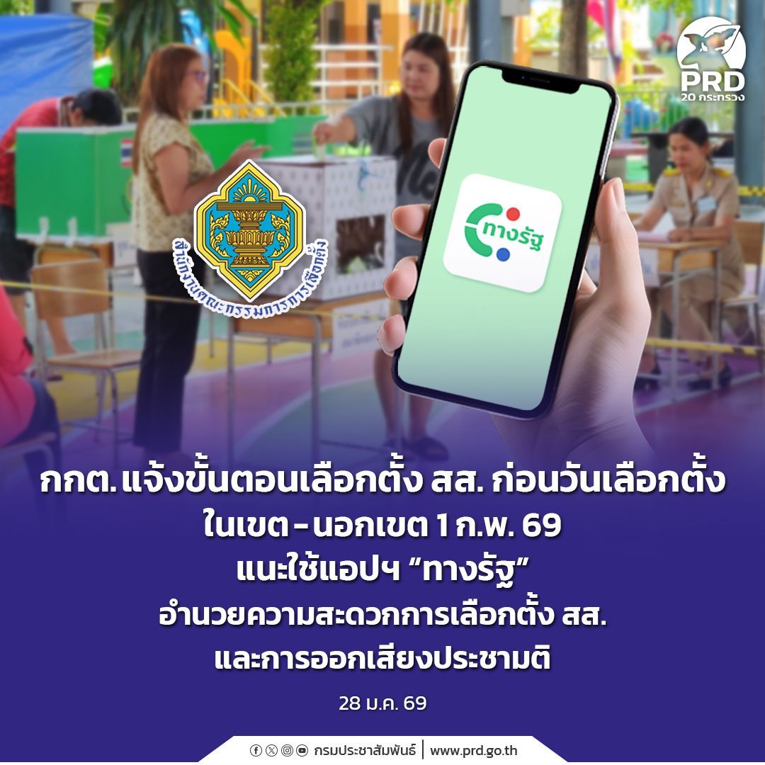 กกต. แจ้งขั้นตอนเลือกตั้ง สส. ก่อนวันเลือกตั้ง ในเขต - นอกเขต 1 ก.พ. 69 แนะใช้แอปฯ &ldquo;ทางรัฐ&rdquo; อำนวยความสะดวกการเลือกตั้ง สส. และการออกเสียงประชามติ